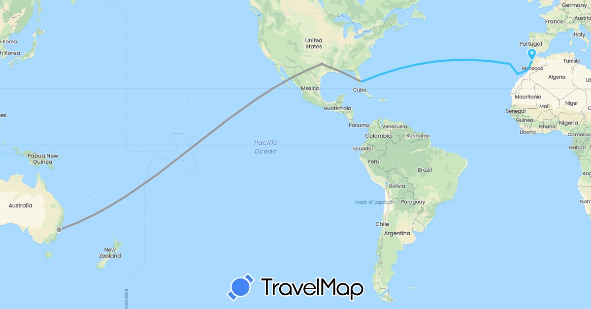 TravelMap itinerary: driving, plane, train, boat in Australia, Spain, Morocco, Portugal, United States (Africa, Europe, North America, Oceania)